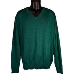 Fields Classics Men’s Large 100% Merino Wool Green V Neck Sweater Washable Light